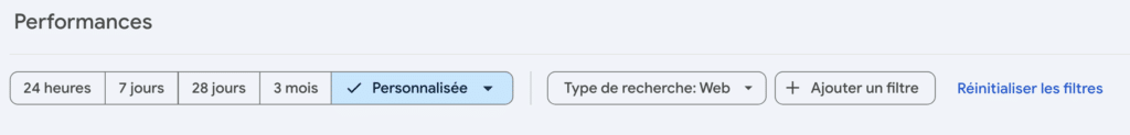 sur la page Performances de la search console de google, plusieurs filtres sont disponibles pour affiner les kpi SEO