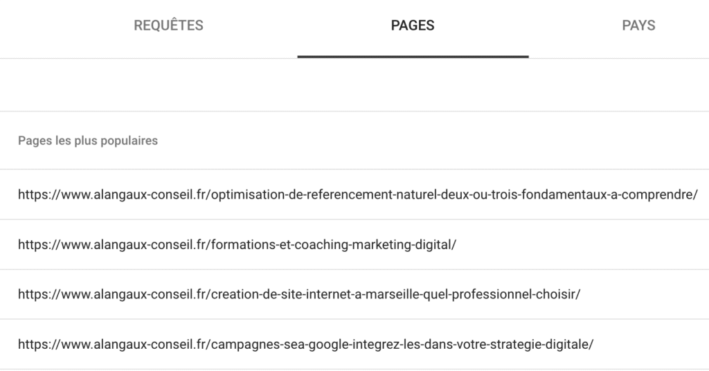 tableau de bord search console, tri par pages proposee dans les serp de Google