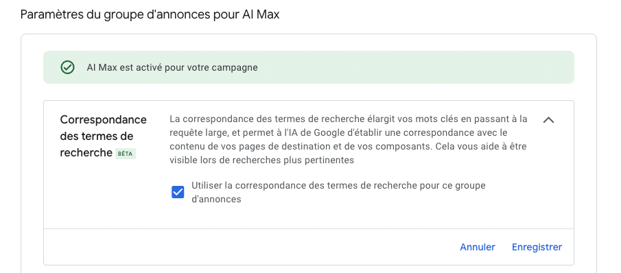 ai max 2025 paramètres des mots cles dans une campagne reseau de recherche