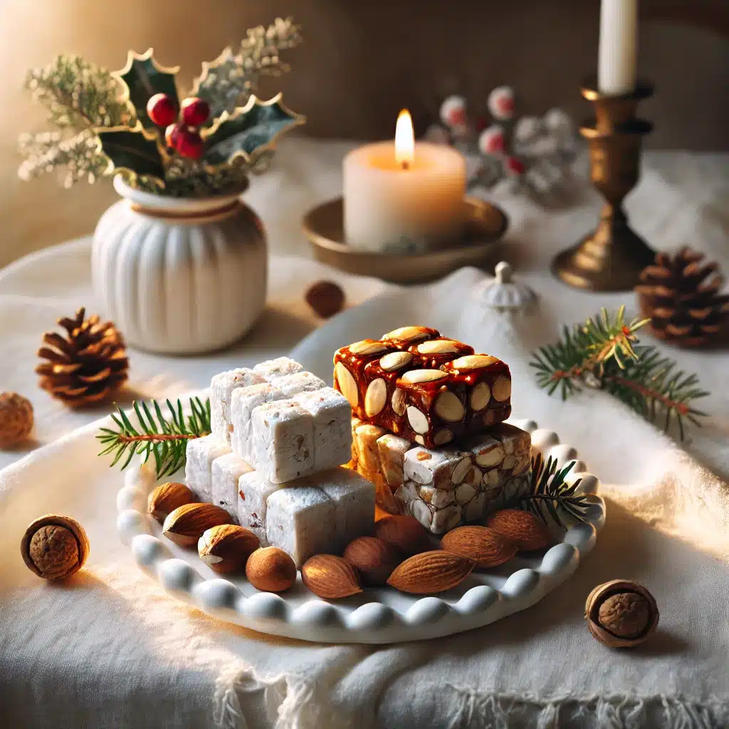 nougat noir et nougat blanc entoures d'amandes et de noisettes