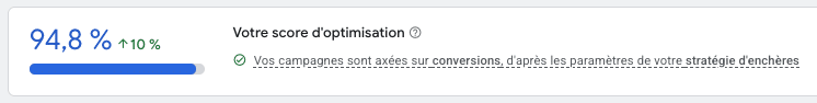 score d'optimisation affiché sur le compte Google ads pour un client