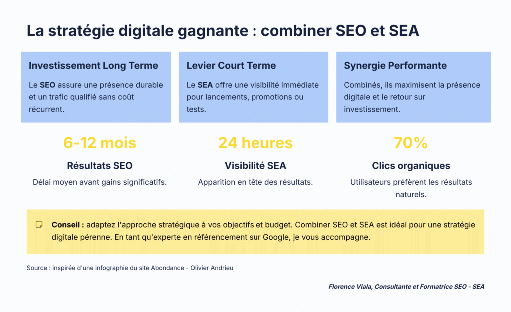 infographie stratégie de visibilite gagnante : combiner le seo et le sea sur Google