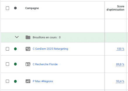 capture d'écran score optimisation campagnes google ads immobilier