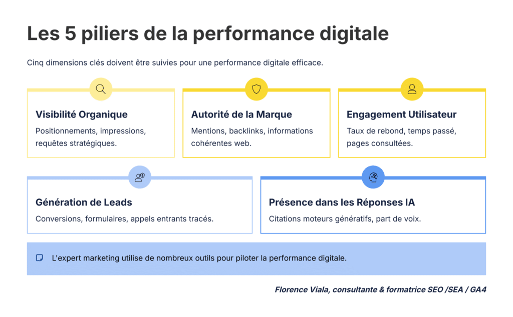 infographie des cinq piliers de la performance digitale. ces métriques doivent être suivies régulièrement.