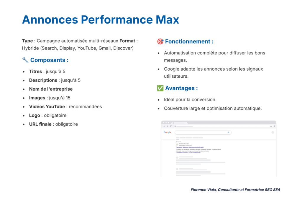 annonces performance max, composants, fonctionnement et avantages