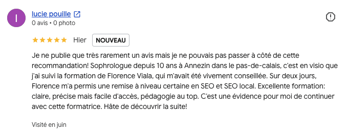 avis Google pour une formation marketing digital suivie par une professionnelle en libéral